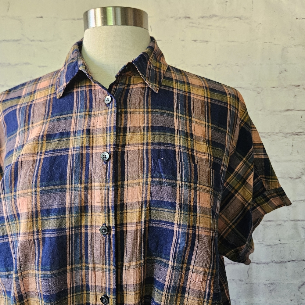 Madewell Plaid Tie Hem Button Front Short Sleeve Shirt Navy Blue Peach Medium - Picture 3 of 12
